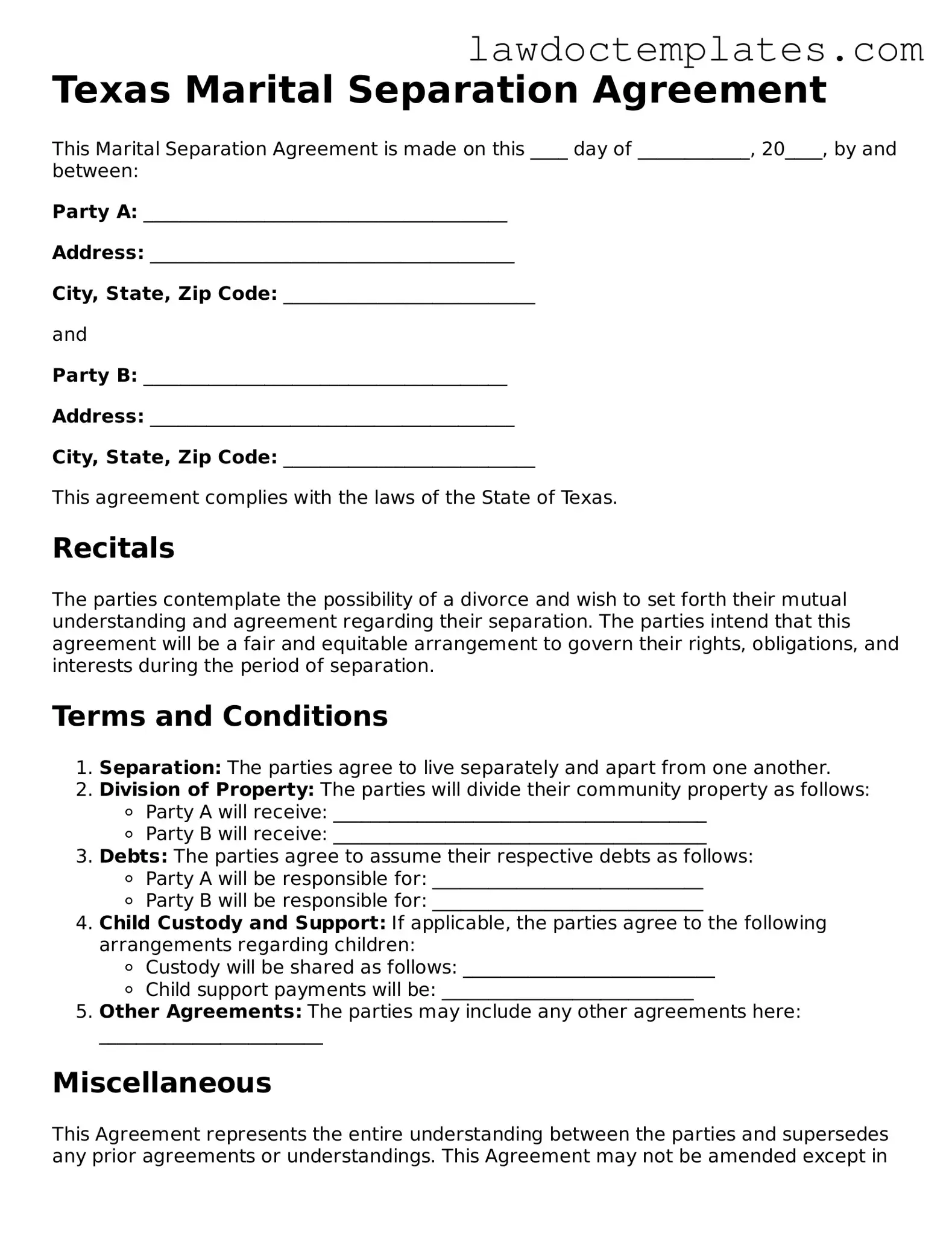 Marital Separation Agreement Document for Texas State