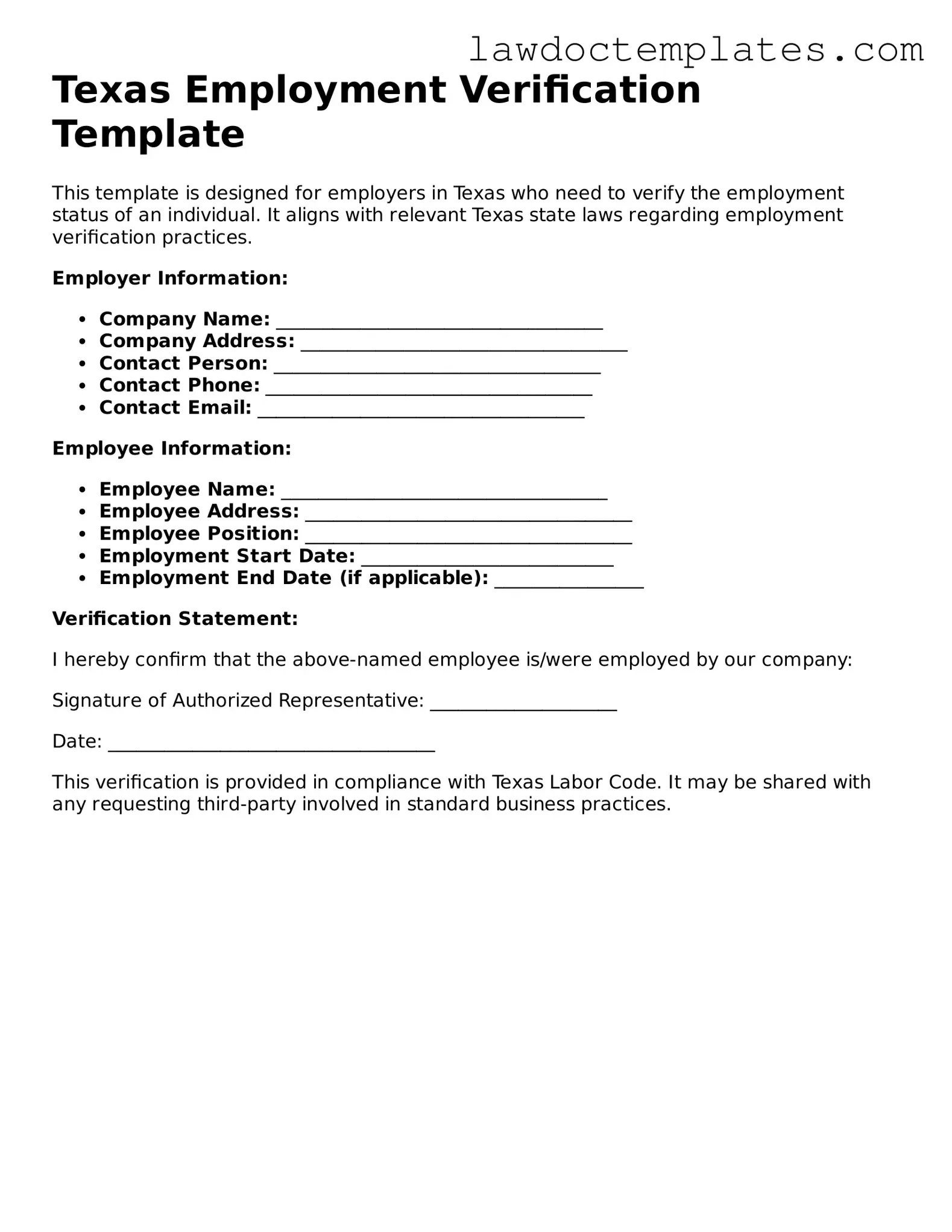Employment Verification Document for Texas State
