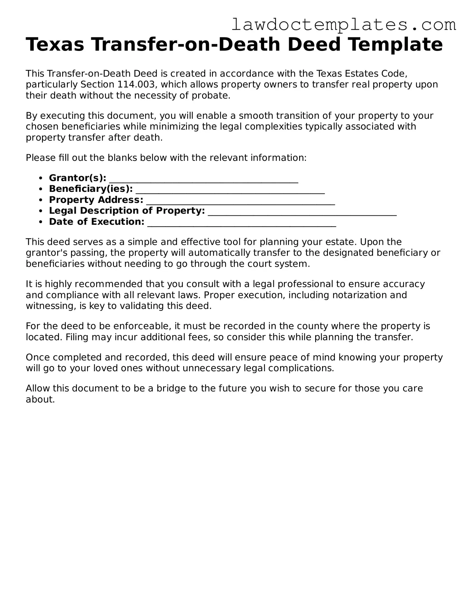Transfer-on-Death Deed Document for Texas State