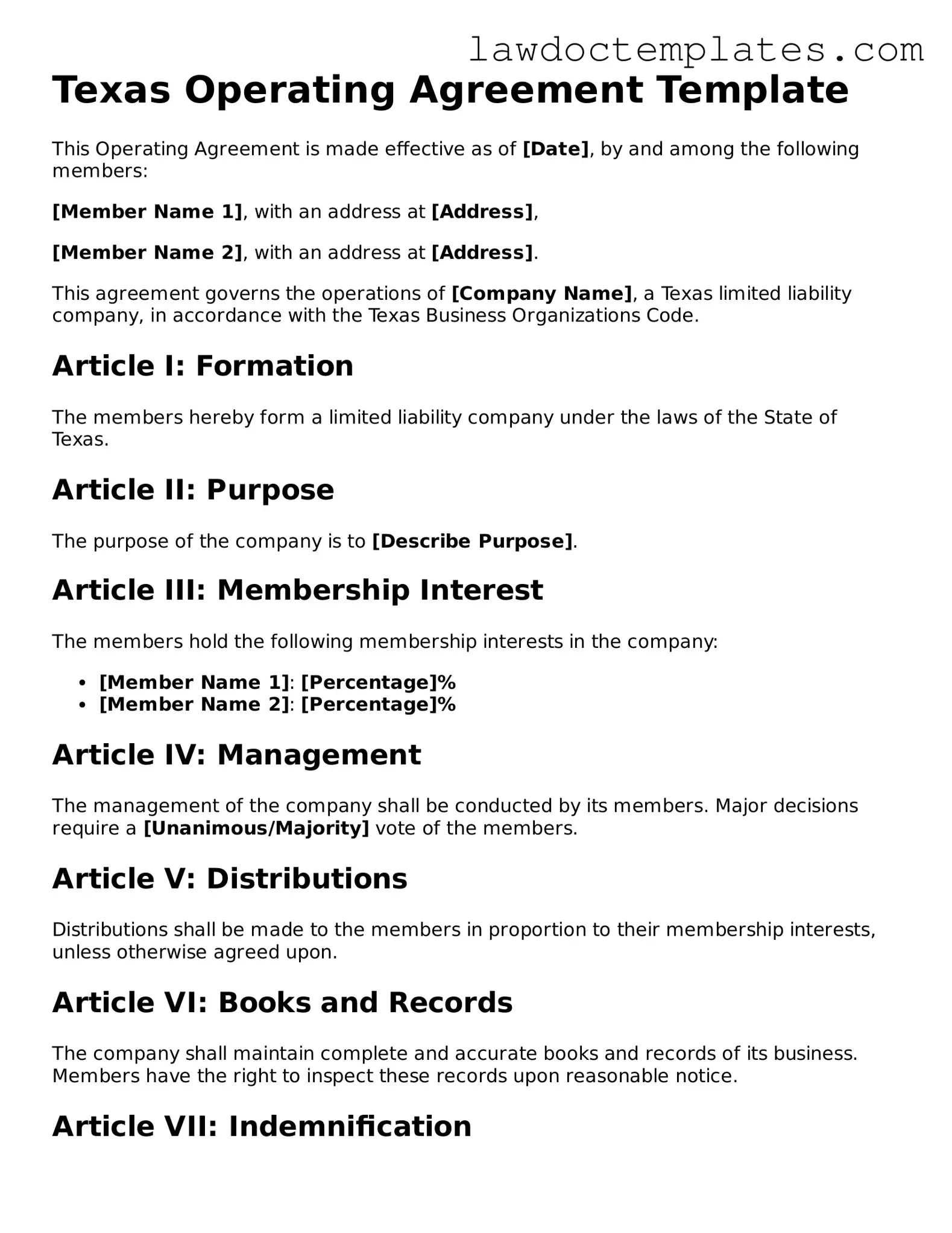 Operating Agreement Document for Texas State