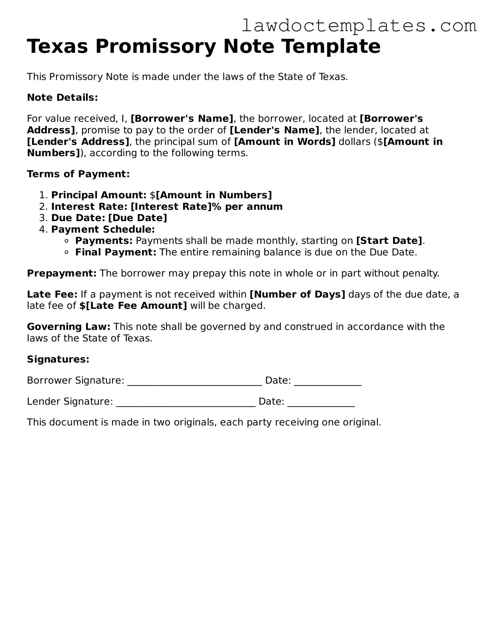 Promissory Note Document for Texas State