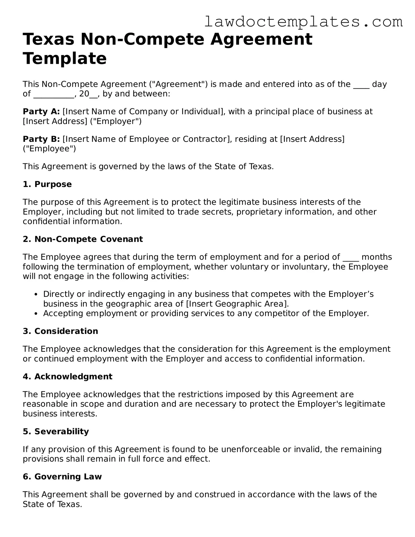 Non-compete Agreement Document for Texas State