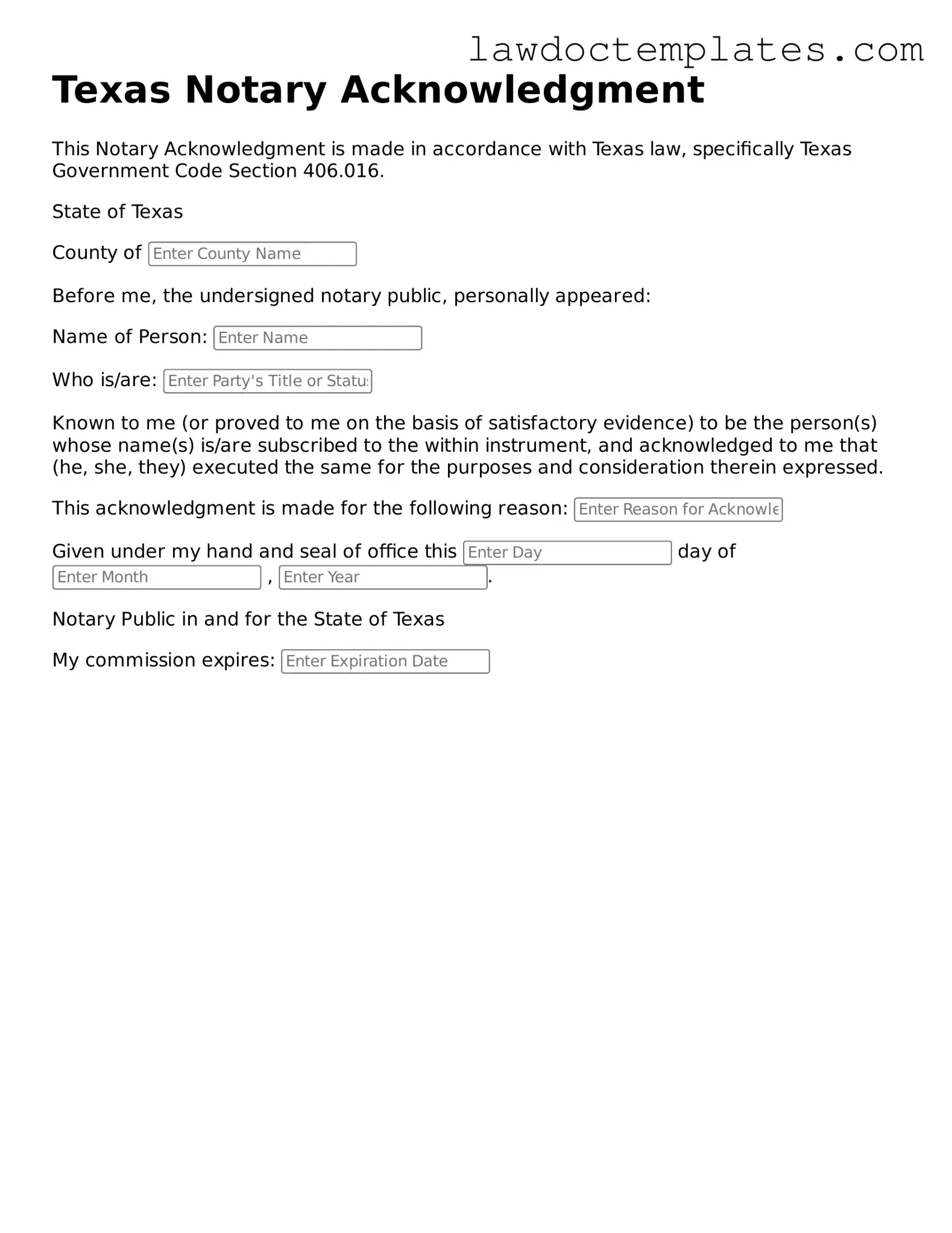 Notary Acknowledgement Document for Texas State