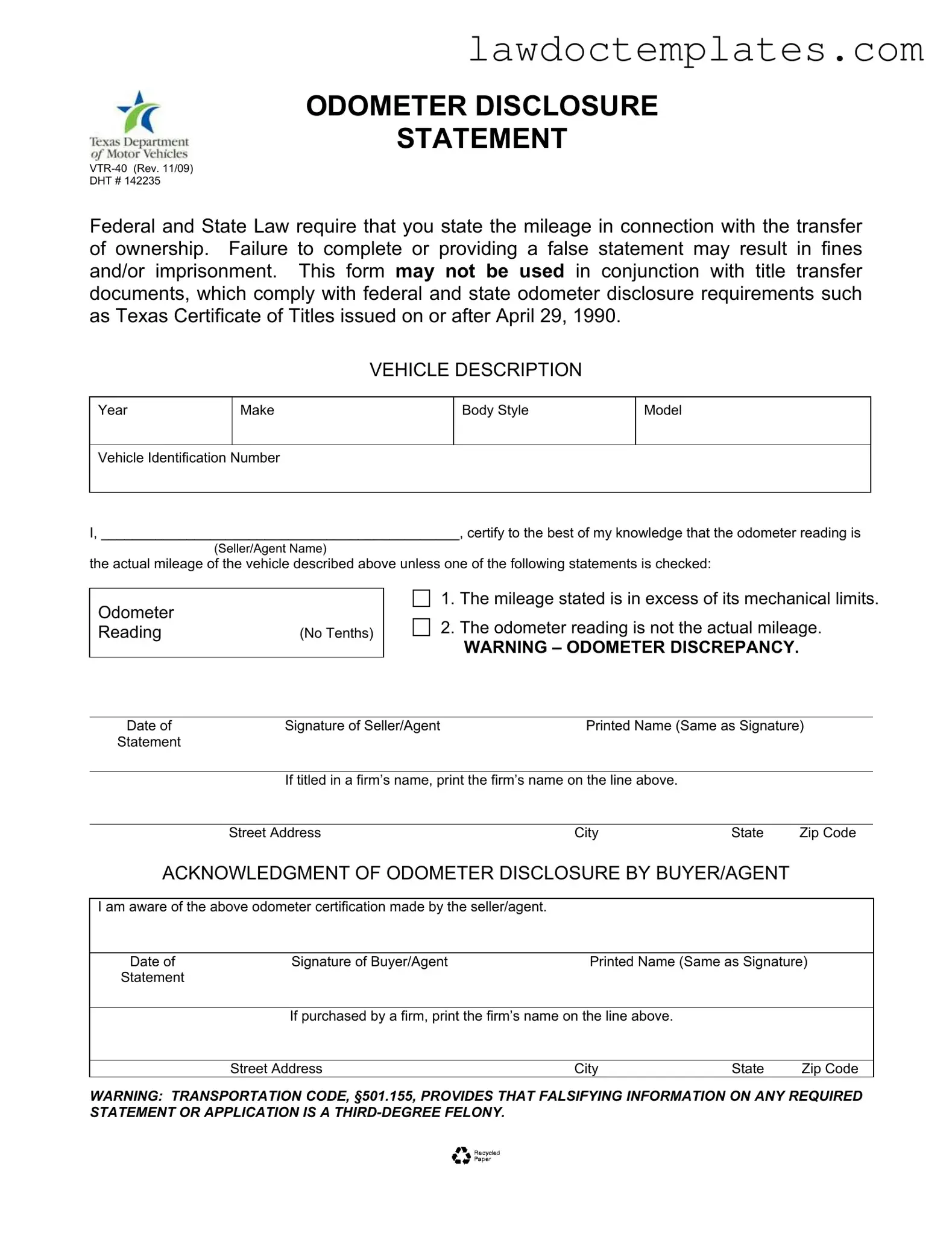 Fill Your Texas Odometer Statement Form