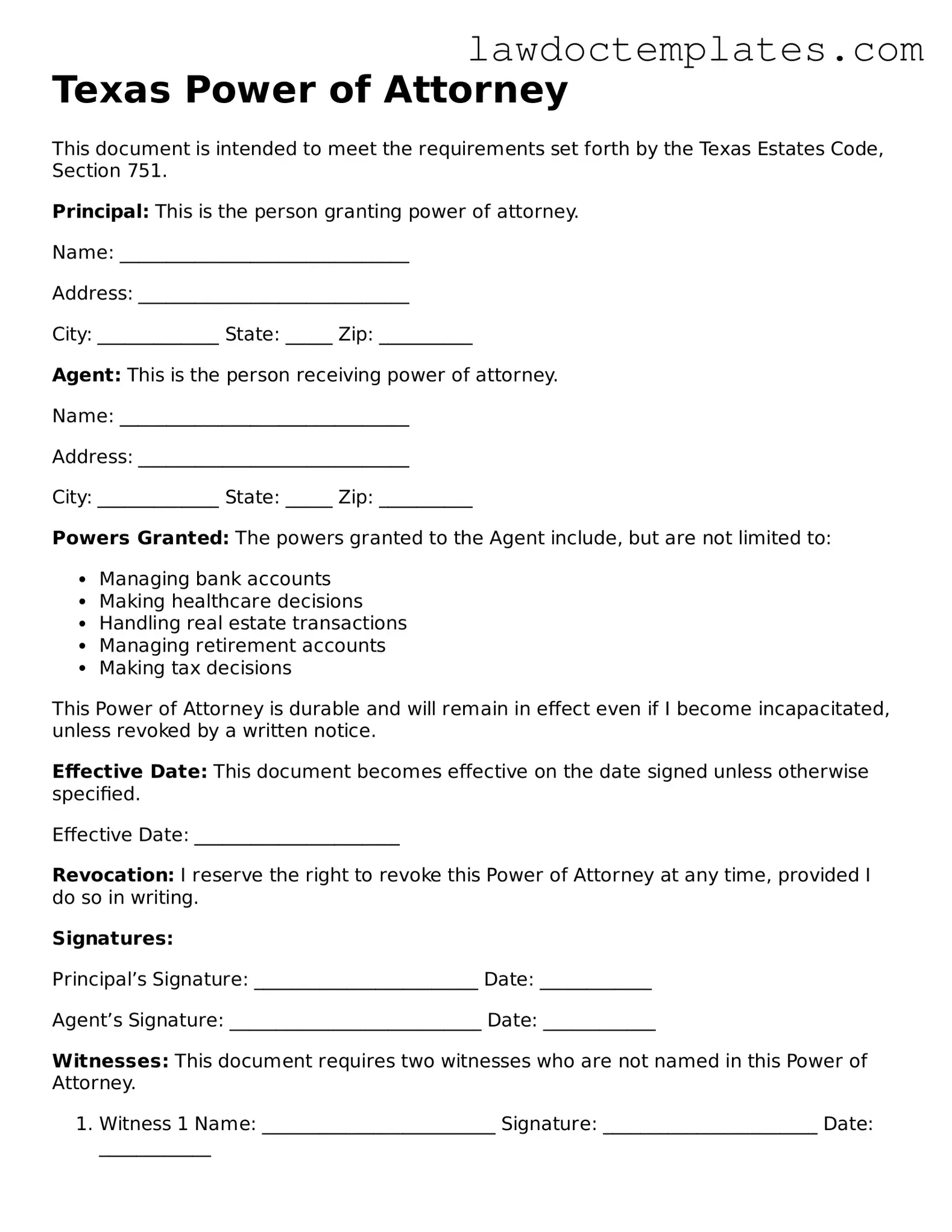 Power of Attorney Document for Texas State
