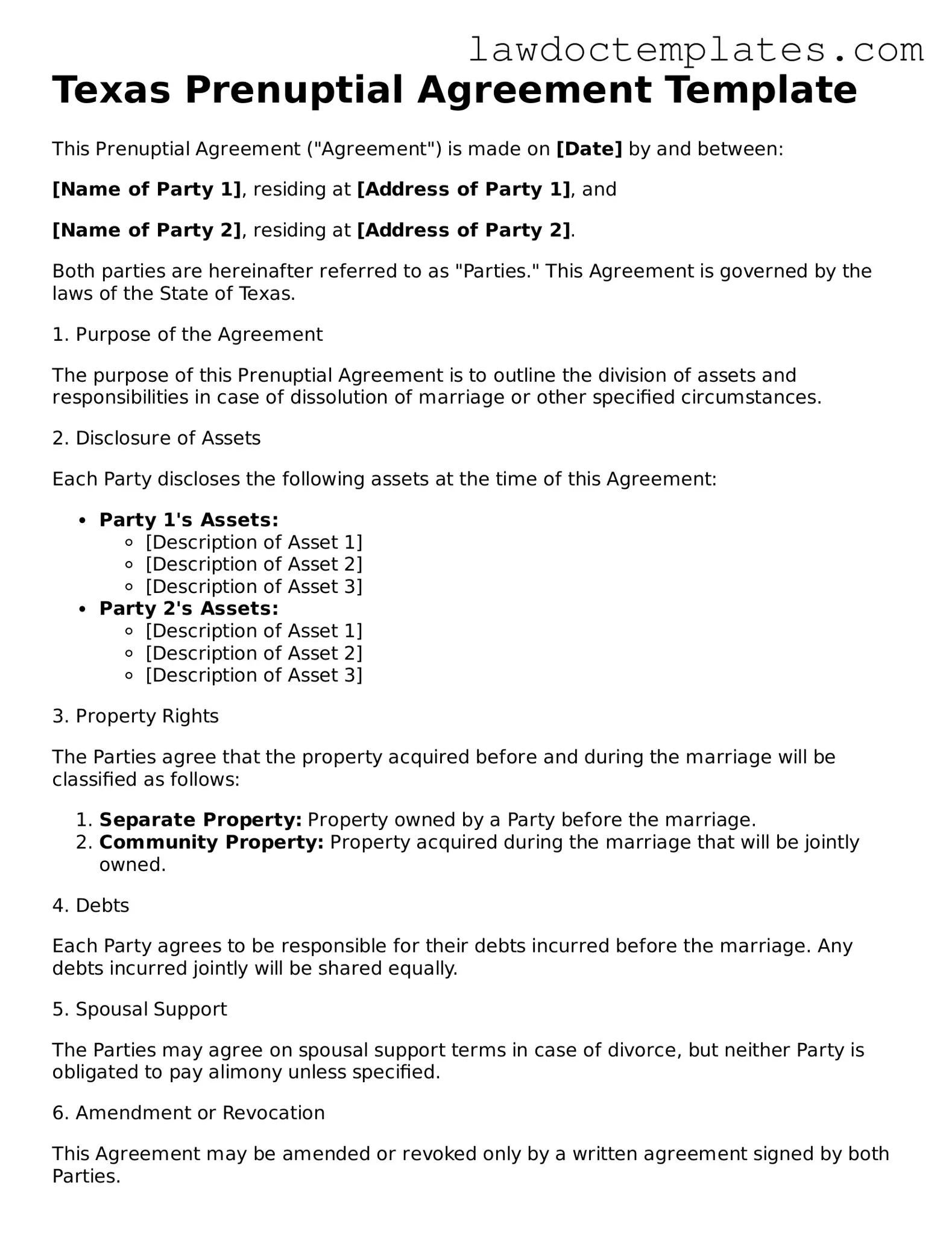 Prenuptial Agreement Document for Texas State