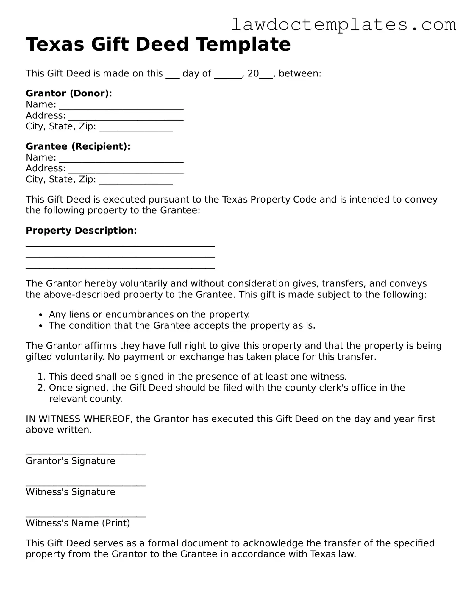 Gift Deed Document for Texas State