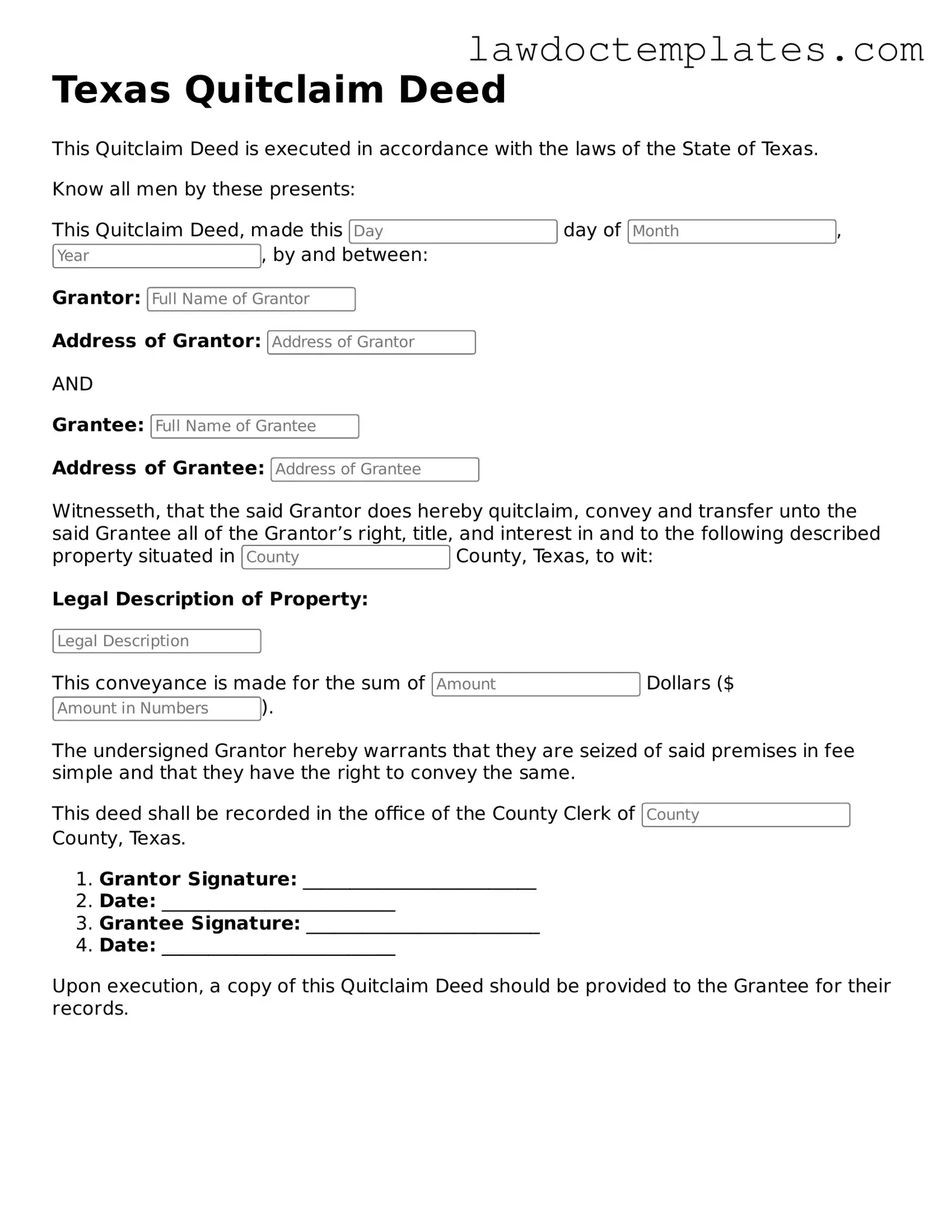 Quitclaim Deed Document for Texas State