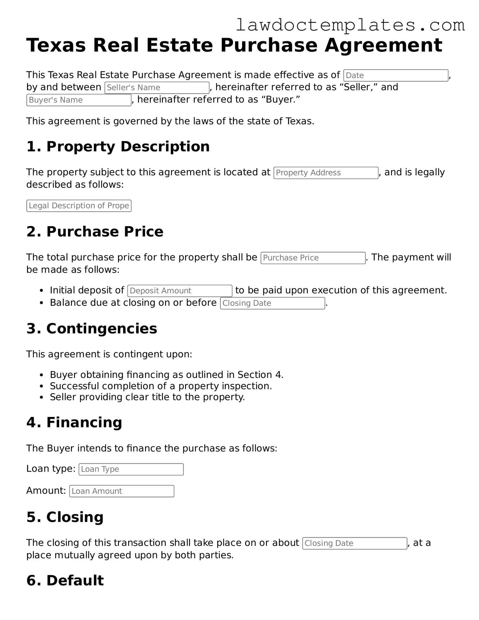 Real Estate Purchase Agreement Document for Texas State