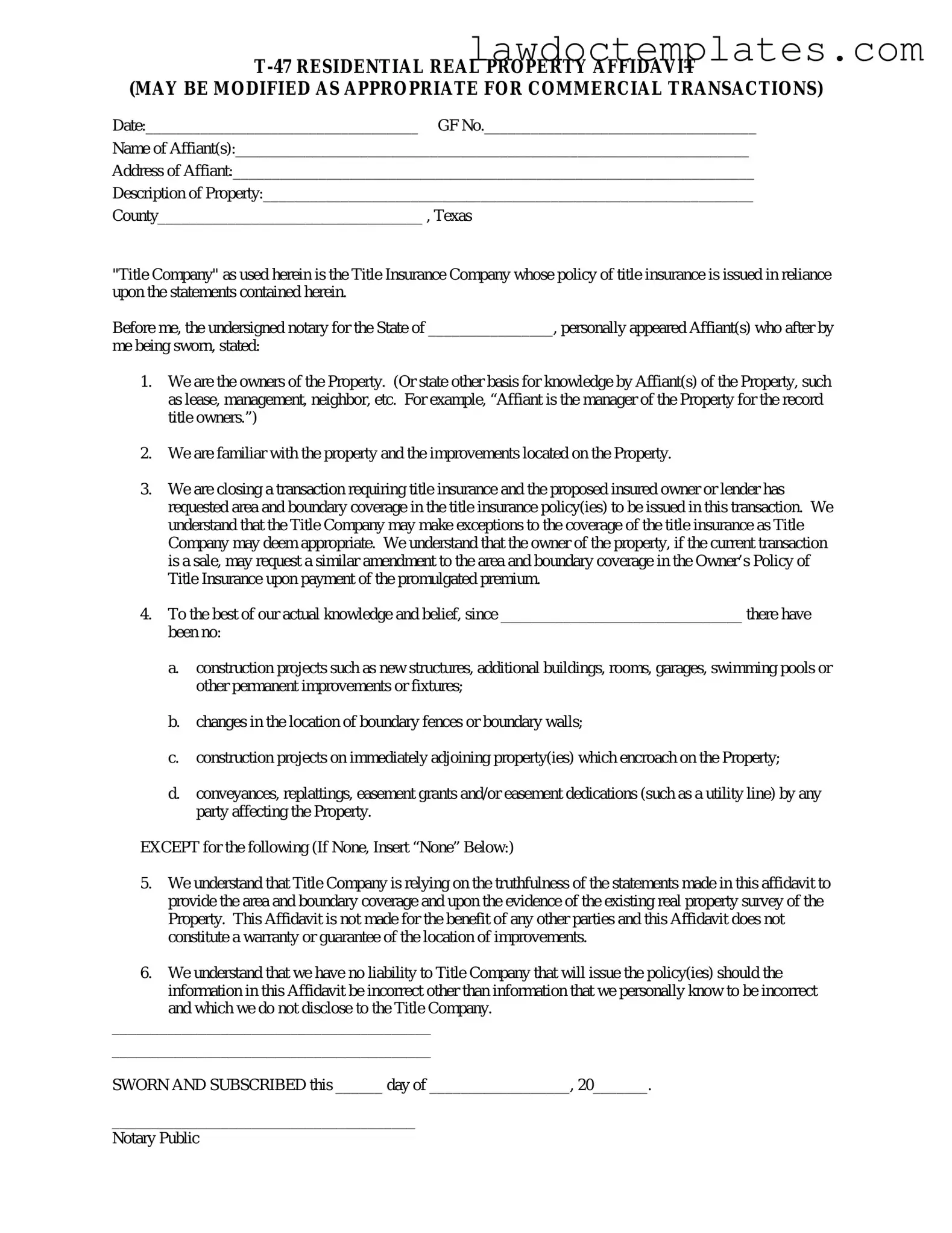 Fill Your Texas residential property affidavit T-47 Form