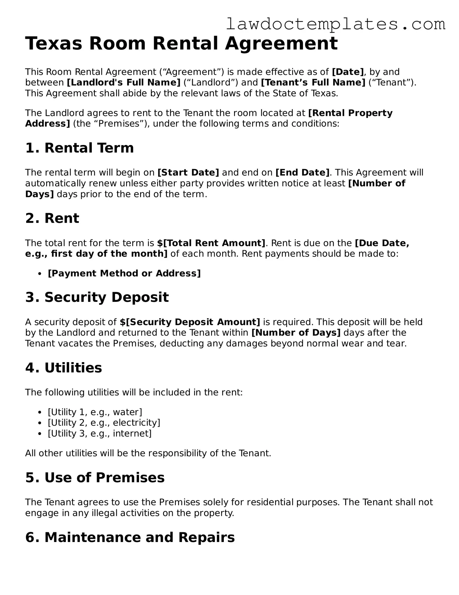 Room Rental Agreement Document for Texas State