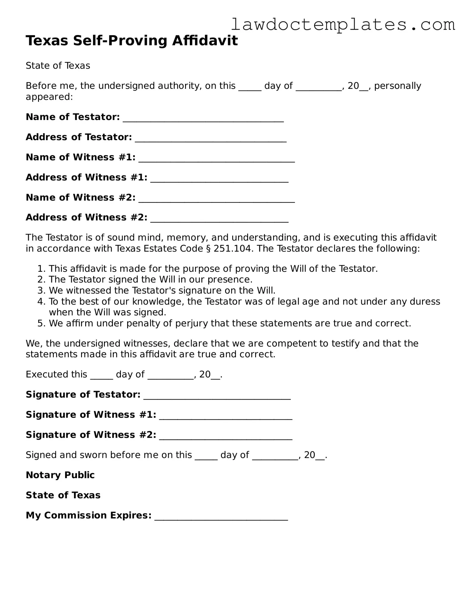 Self-Proving Affidavit Document for Texas State