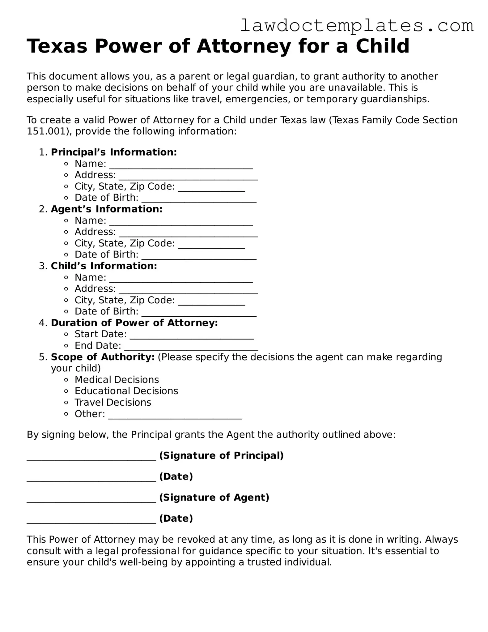 Power of Attorney for a Child Document for Texas State