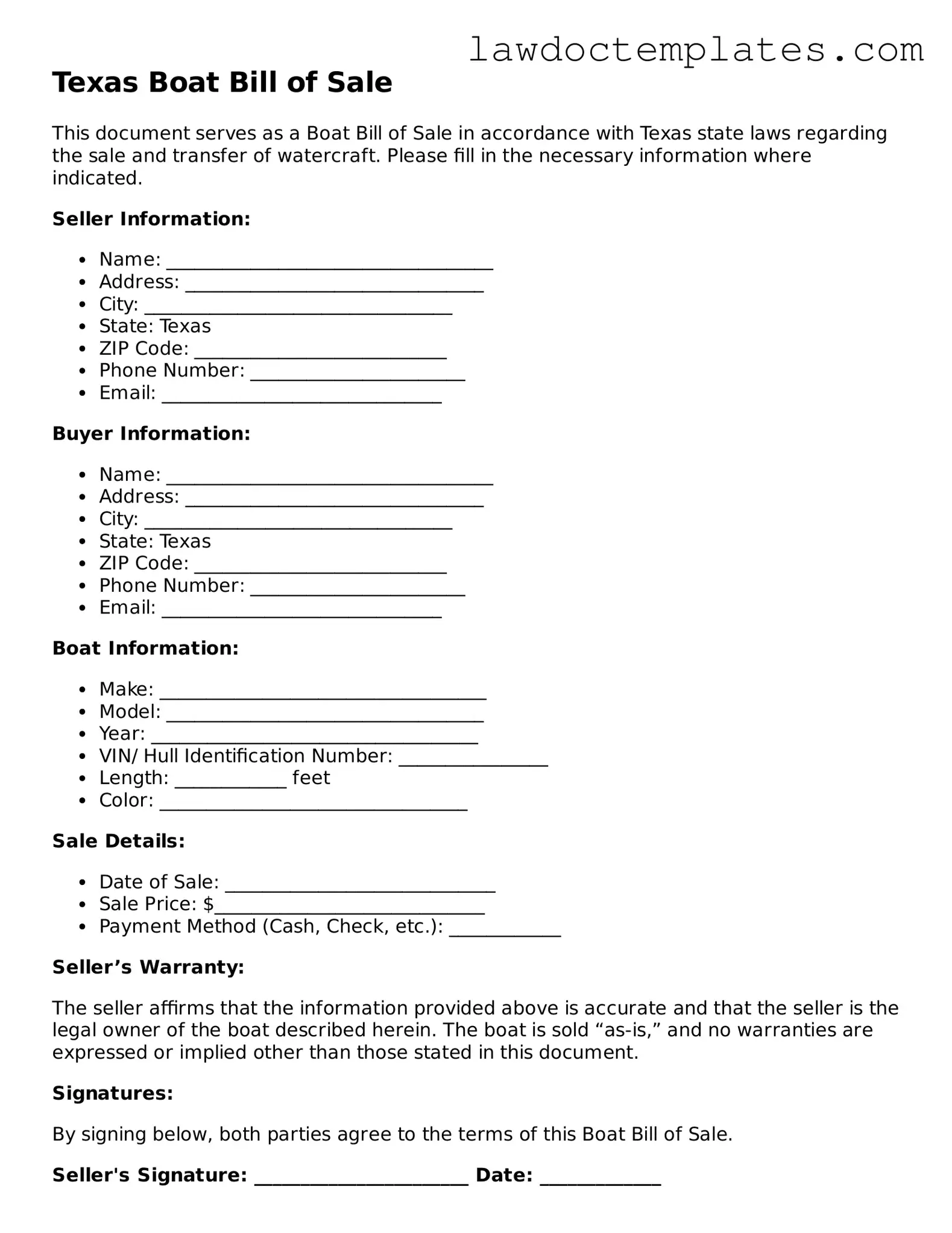 Boat Bill of Sale Document for Texas State