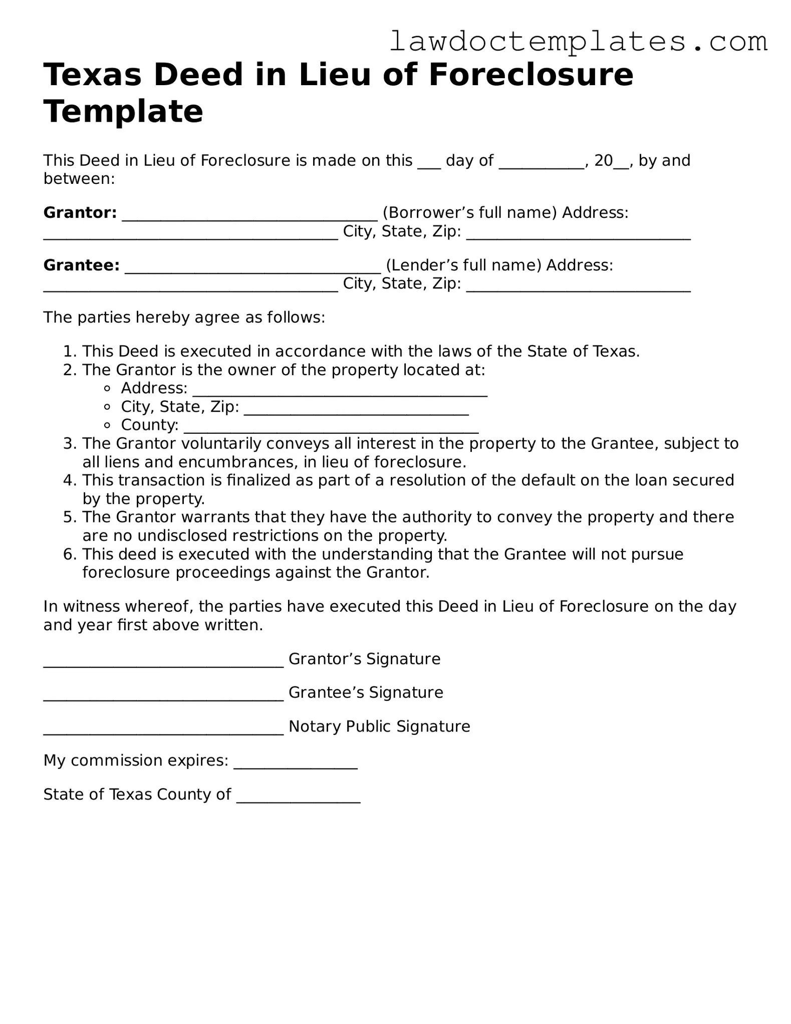 Deed in Lieu of Foreclosure Document for Texas State
