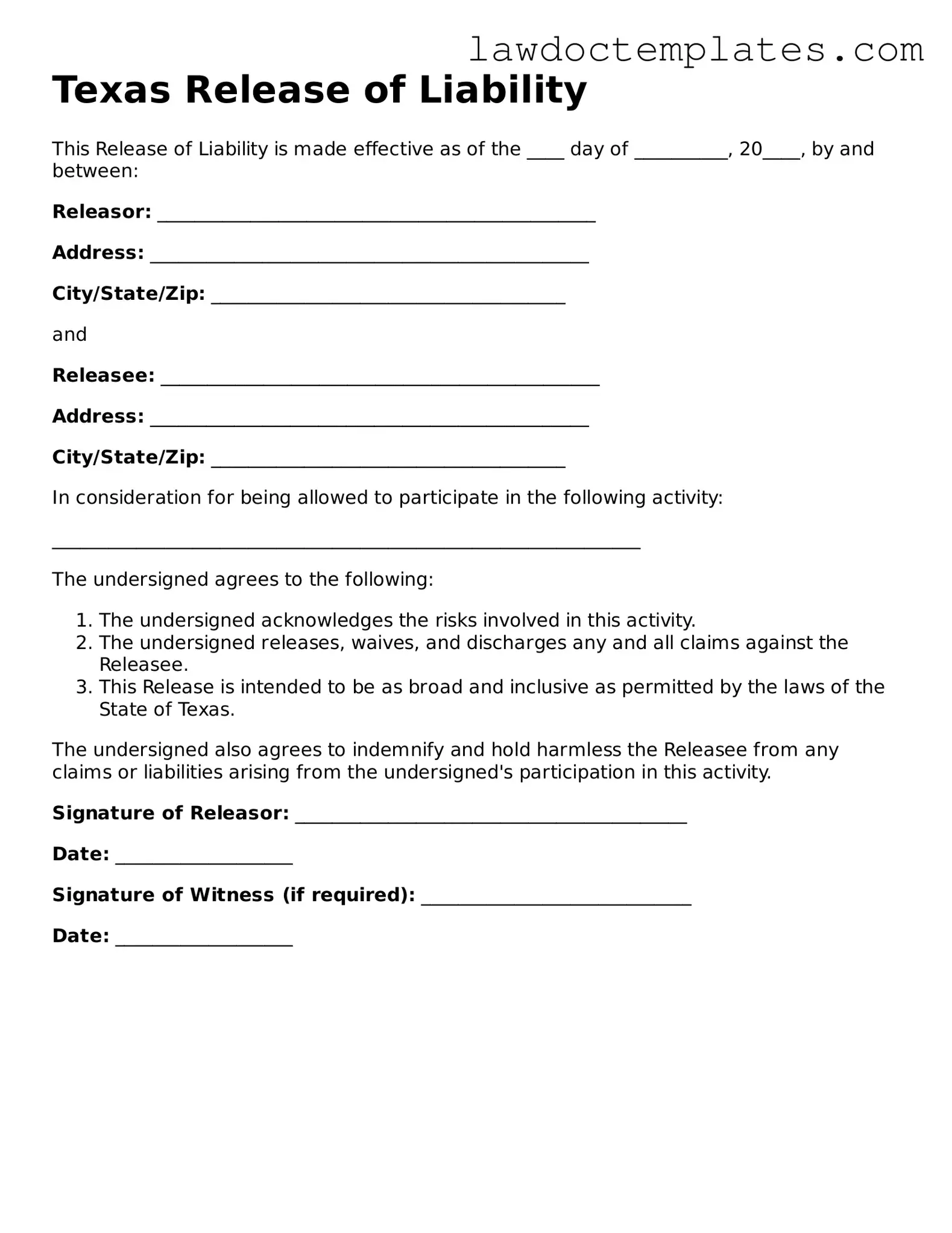 Release of Liability Document for Texas State