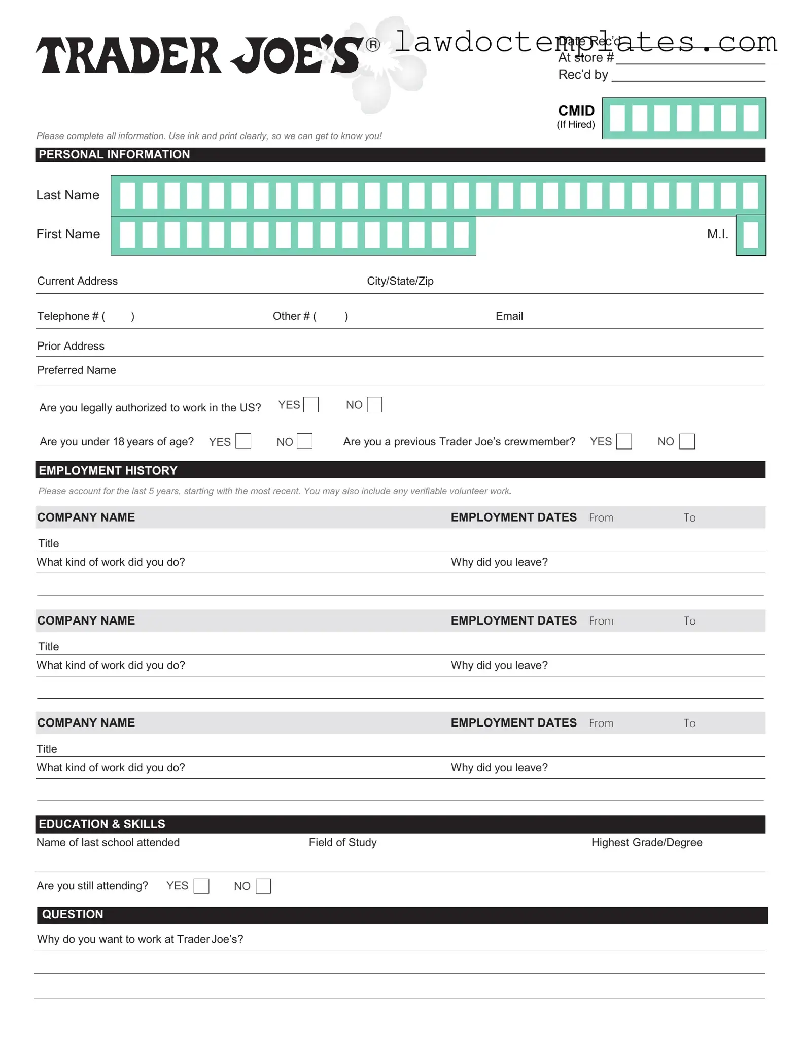 Fill Your Trader Joe's application Form
