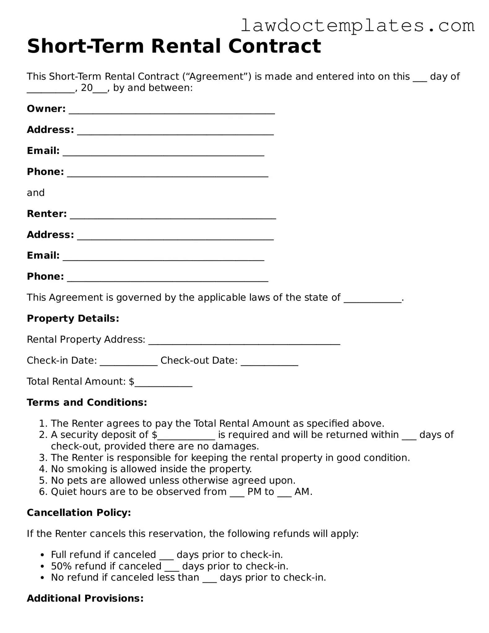 Blank Short-Term Rental Contract Document
