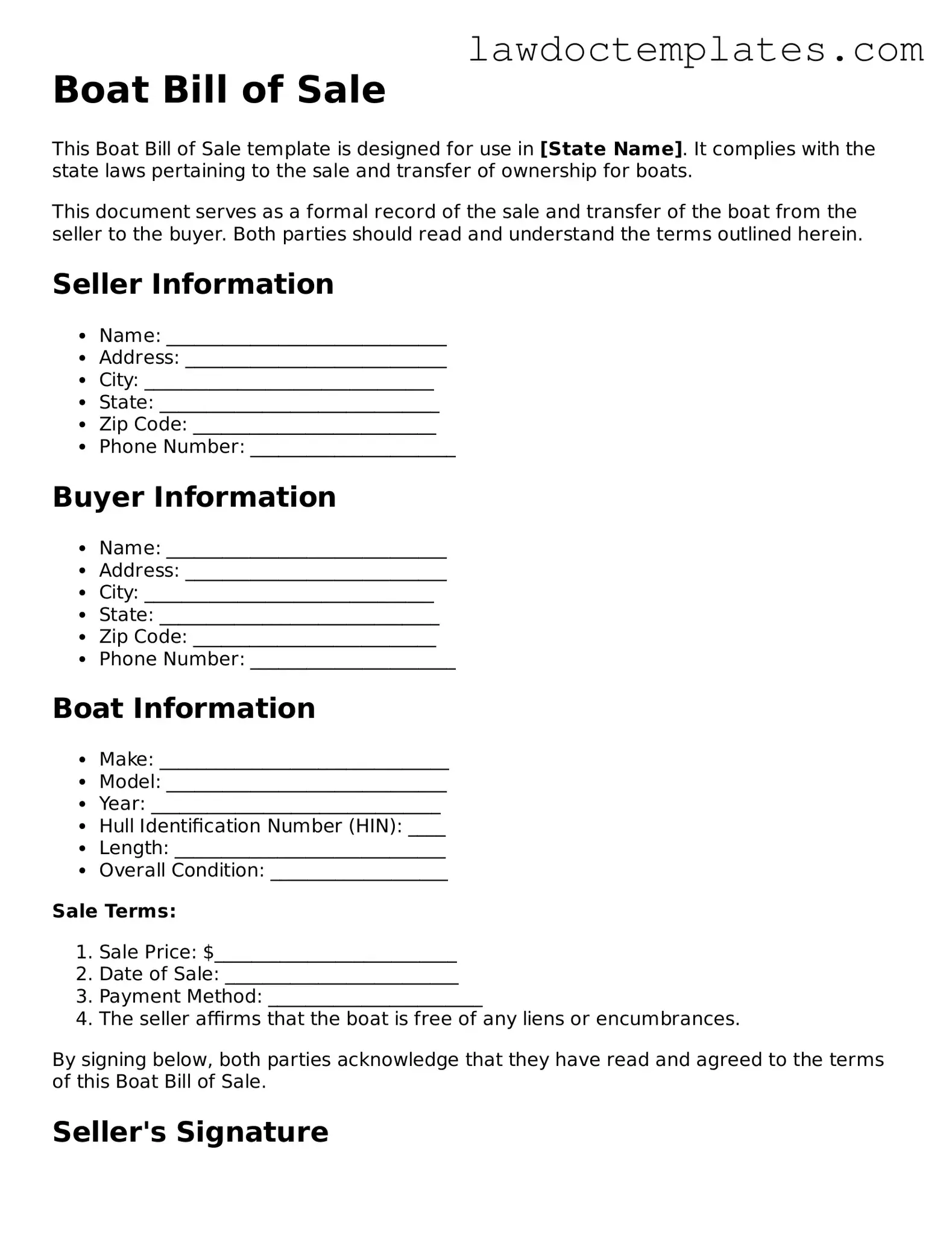 Blank Boat Bill of Sale Document