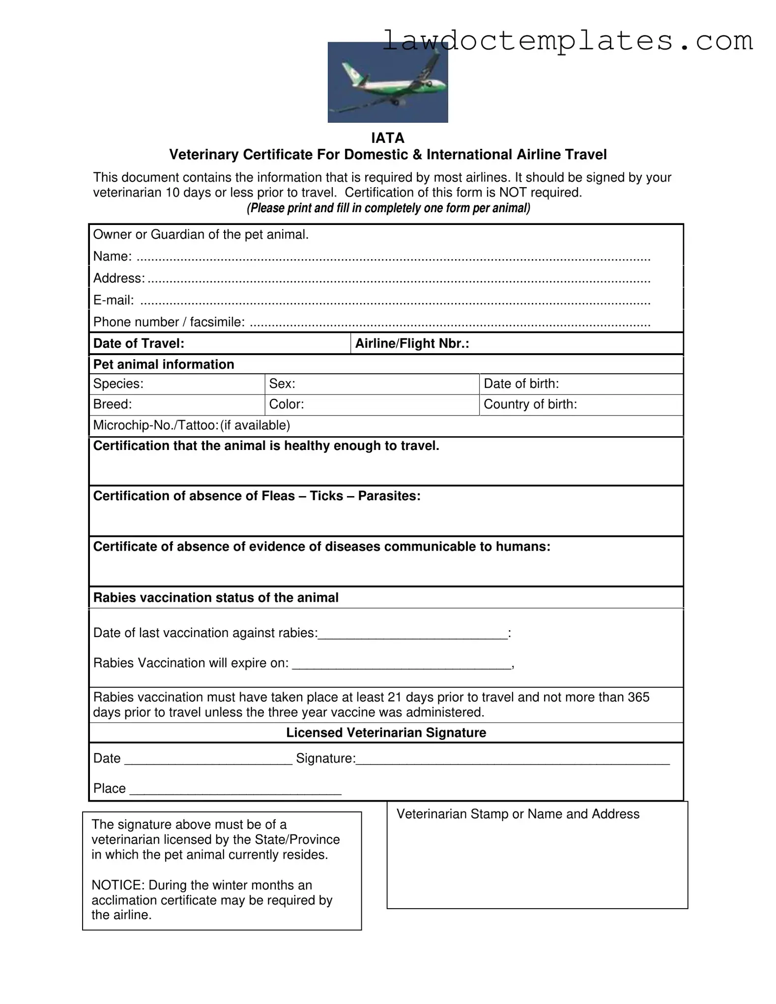 Fill Your Veterinary Certificate Travel Form