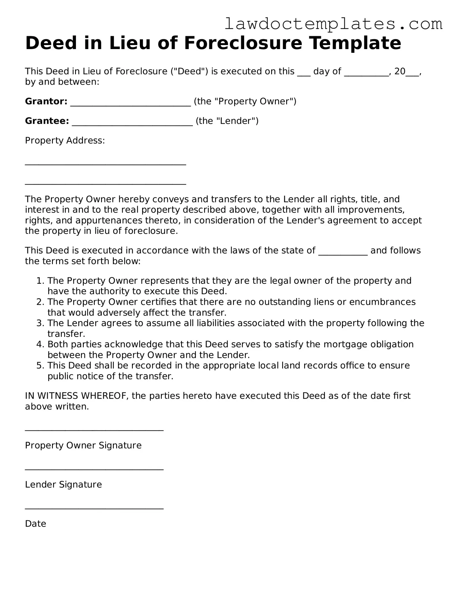 Blank Deed in Lieu of Foreclosure Document