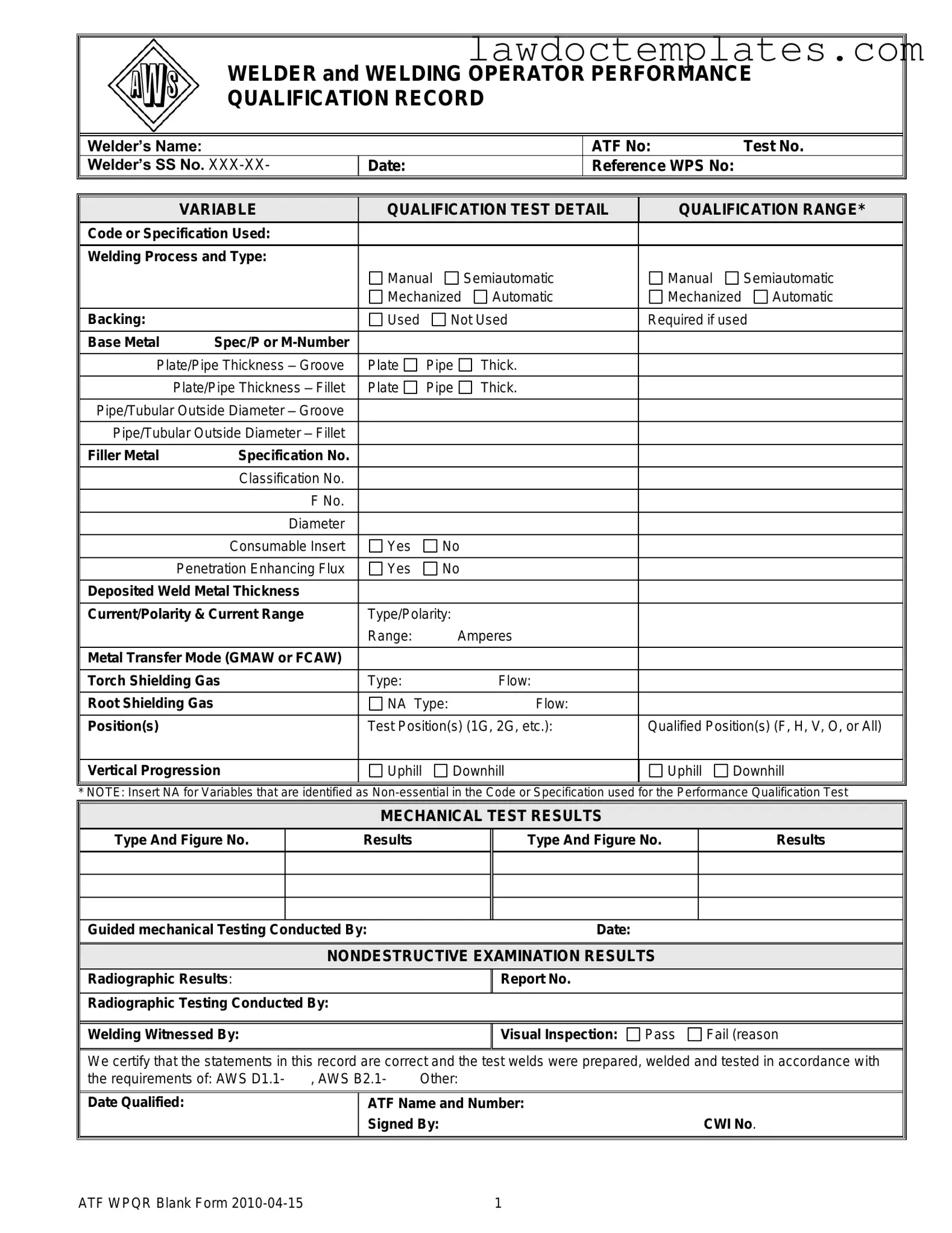 Fill Your Welder Performance Qualification Record Form
