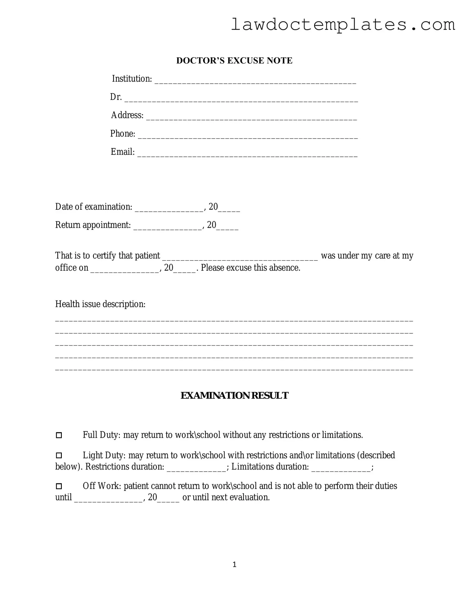 Fill Your Doctors Excuse Note Form